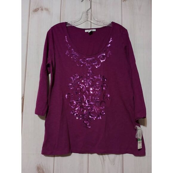 Style and Co Shirt Ladies Large Pink Sequin 3/4 Sleeve Colorful Comfortable - Picture 1 of 6